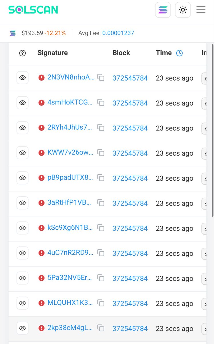 Solscan 截图，显示高网络活动期间一个区块内有多笔交易失败