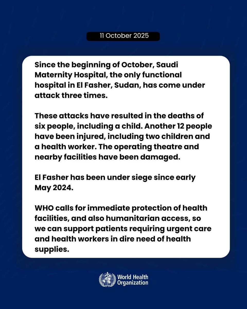 DrTedros's tweet image. Since the beginning of October, Saudi Maternity Hospital, the only functional hospital in El Fasher, #Sudan, has come under attack three times.
These attacks have resulted in the deaths of six people, including a child. Another 12 people have been injured, including two…