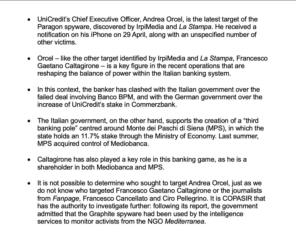 criticalvas's tweet image. NEW: ⚠️Andrea Orcel, CEO of UniCredit – one of 🇮🇹 Italy’s largest and most influential banking groups – was also targeted with Graphite #spyware by the Israeli firm #Paragon Solutions, according to @IrpiMedia & @LaStampa.
✍️ @faffa42
irpimedia.irpi.eu/paragon-colpis…