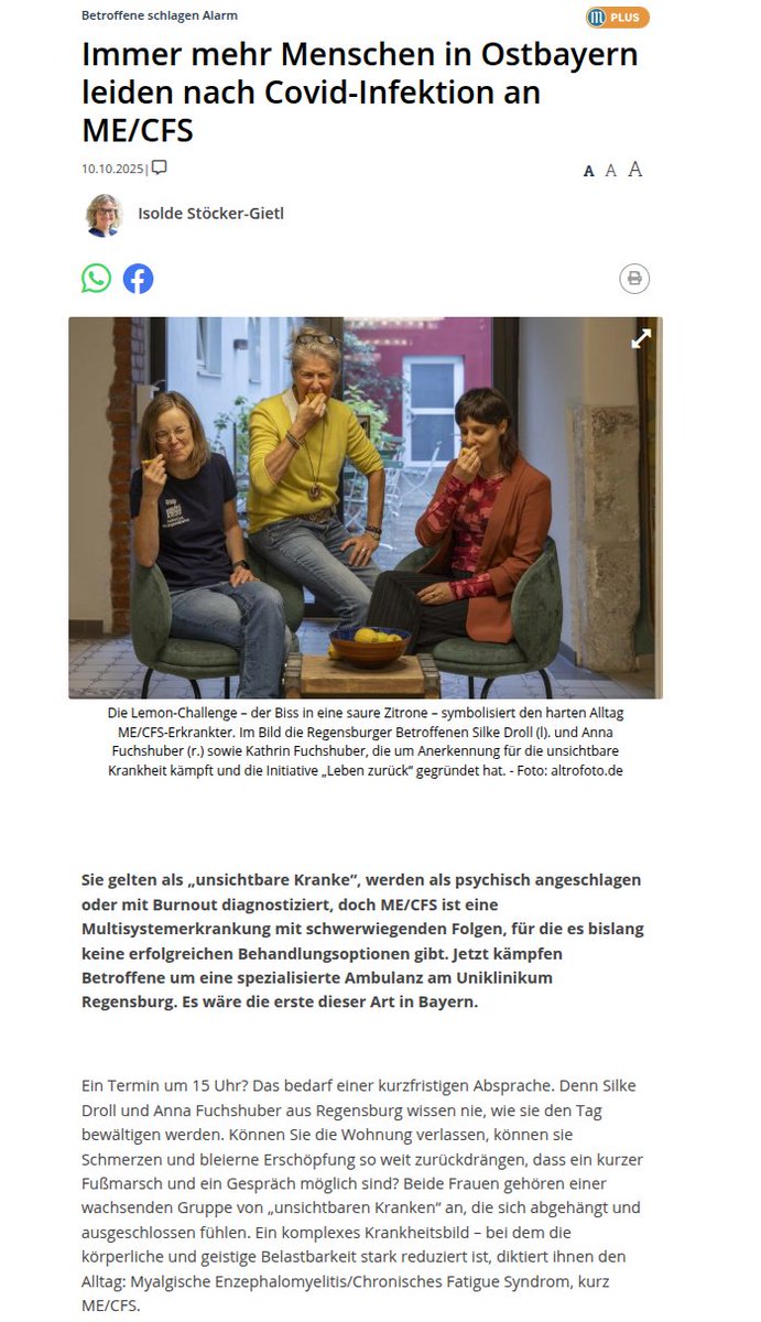 "Sie gelten als 'unsichtbare Kranke', werden als psychisch angeschlagen oder mit Burnout diagnostiziert, doch ME/CFS ist eine Multisystemerkrankung [...]. Jetzt kämpfen Betroffene um eine spezialisierte Ambulanz am Uniklinikum Regensburg. Es wäre die erste dieser Art in Bayern."