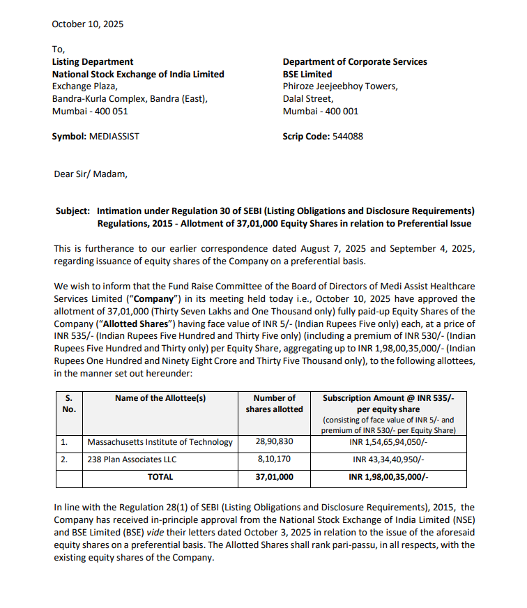 ThanksDeepest's tweet image. Medi Assist Healthcare Services Ltd - Press Release on Preferential Issue