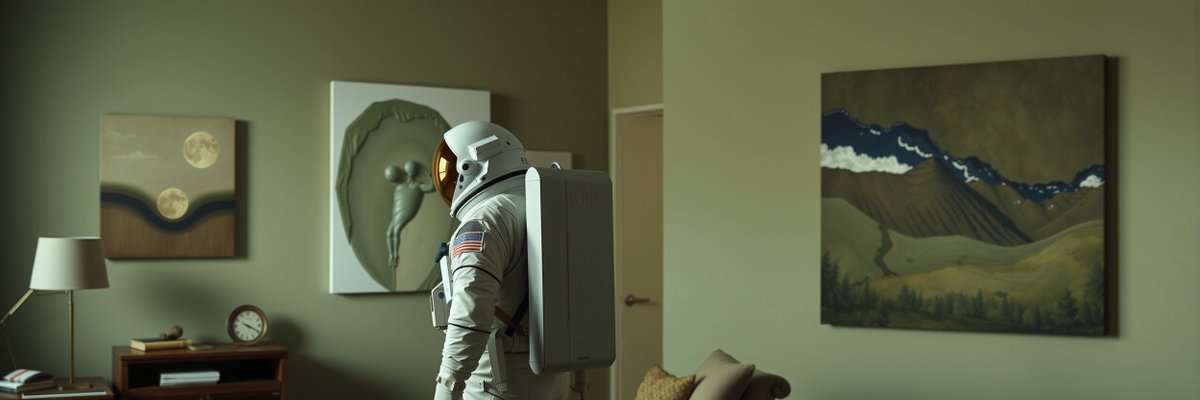 Astronaut in a living room gazing at surreal paintings, symbolizing the introspective journey through crypto's max pain