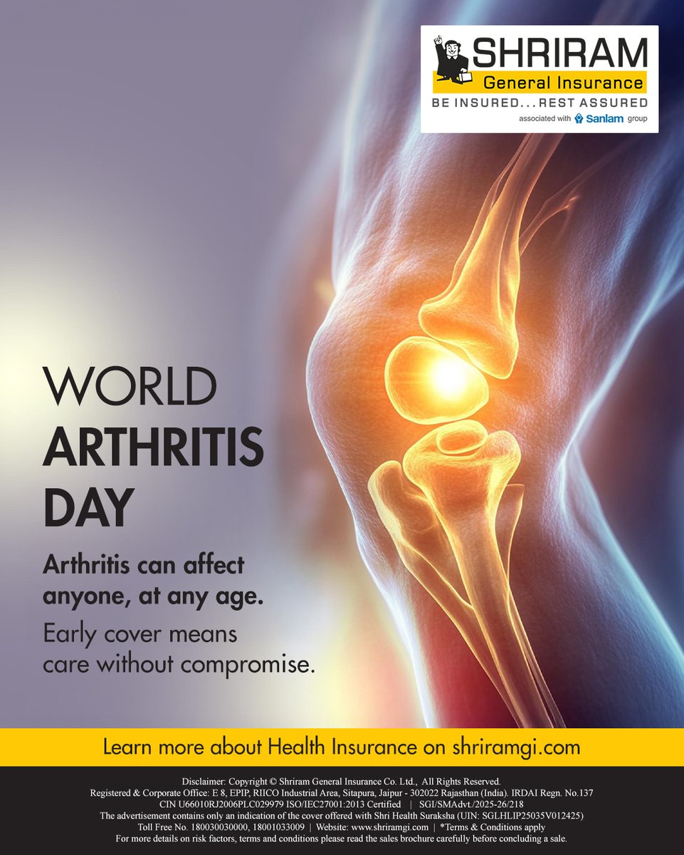 Shriram_GI's tweet photo. World Arthritis Day
Arthritis can affect anyone, at any age - but early awareness and timely health cover can make all the difference.
Secure your health today for a pain-free tomorrow.
#WorldArthritisDay #HealthAwareness #ArthritisCare #StayHealthy #EarlyProtection https://t.co/DXUpkhfF0k