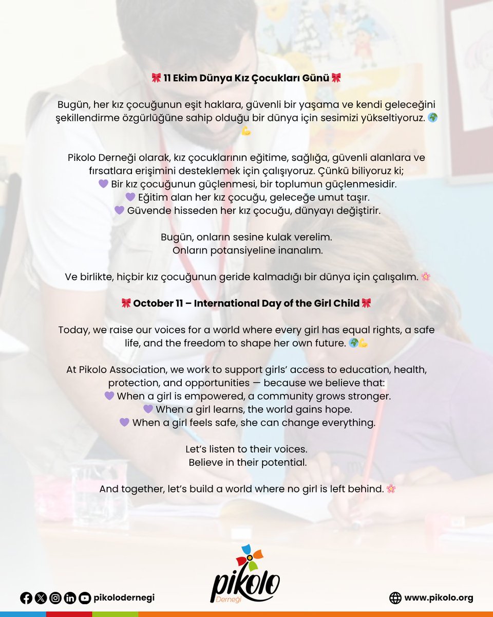 pikolodernegi's tweet image. Her kız çocuğunun eşit haklara, güvenli bir yaşama ve kendi geleceğini şekillendirme özgürlüğüne sahip olduğu bir dünya için sesimizi yükseltiyoruz. 

We raise our voices for a world where every girl has equal rights, a safe life, and the freedom to shape her own future.