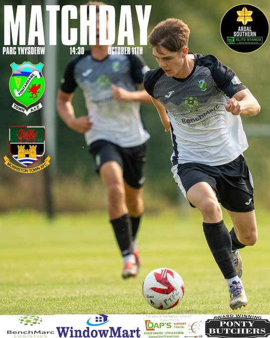 It's MATCH DAY 🤍🖤⚽️

Today welcome second placed <a href="/Morriston_Town/">Morriston Town AFC</a> and we are looking forward to a great game
 
🏆 <a href="/ArdalSouthern/">Ardal Southern</a> 
🏟   Parc Ynysderw
🕝 Kick Off 2:30pm
💸 Admission £5 / £3 (Cash Please)
🍔☕️ Refreshments from 1:45pm
🍻 Post Match at <a href="/PontardaweRFC/">Pontardawe RFC</a> 

#UppaPonty