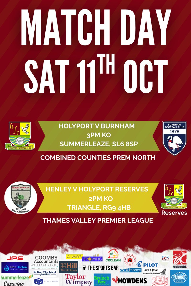 ‼️GAME DAY‼️
2 options today to watch #Port

Our 1sts host <a href="/BurnhamFC1878/">Burnham Football Club</a> at home

Reserves head to <a href="/theofficialhtfc/">The Official Henley Town F.C</a> as they look to build on their cup win
🔴🟢

#Firsts #Reserves <a href="/fiberkshire/">Football in Berkshire</a> @comcofl <a href="/NonLeagueCrowd/">Non League Crowds</a> @ACYFLofficial #oneclub <a href="/ThamesValleyPL/">Thames Valley PL</a> <a href="/MaidenheadAds/">MaidenheadAdvertiser</a>