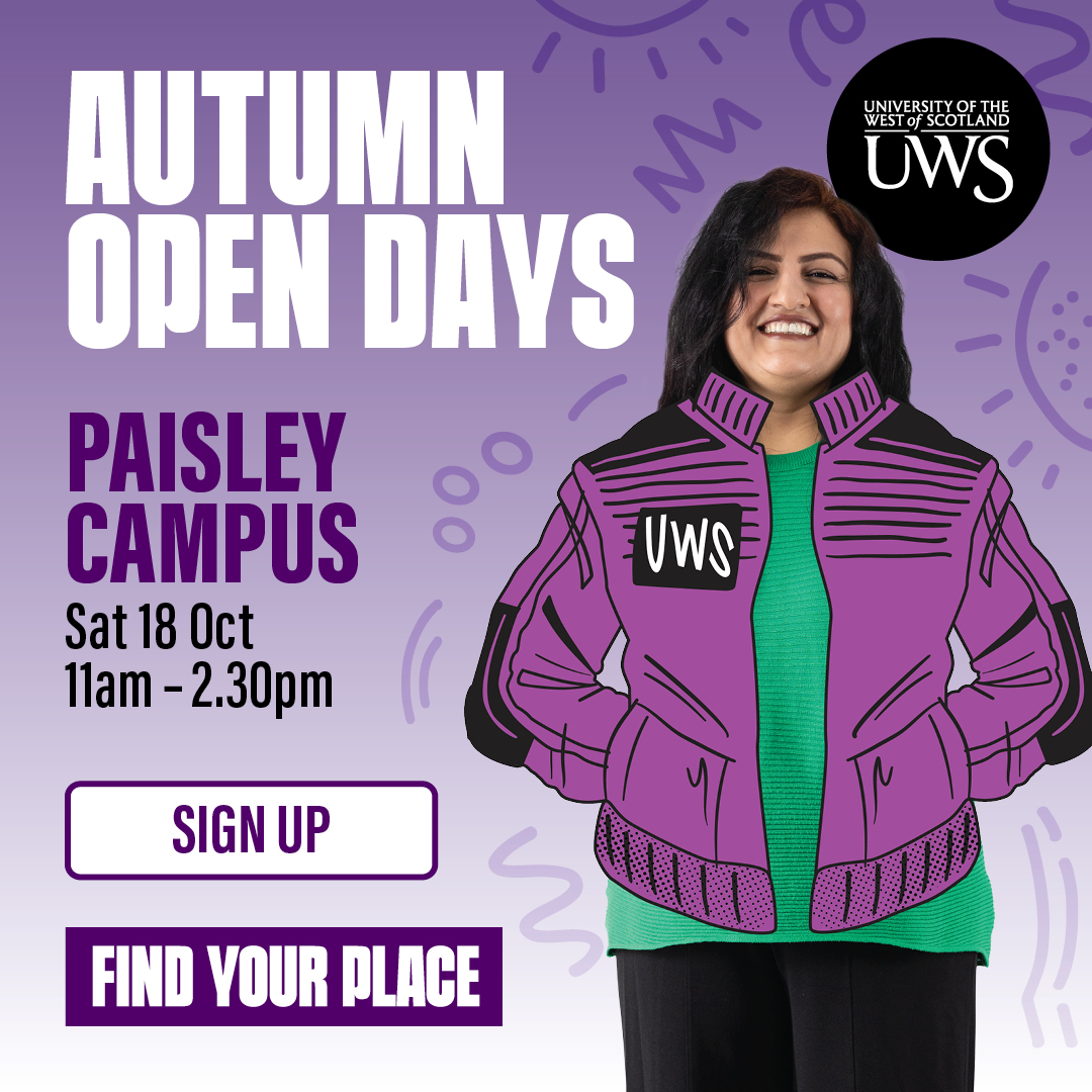 UniWestScotland's tweet photo. One week until we welcome future students to our Paisley campus!
Come see where your journey could begin - meet lecturers, explore facilities, and get a feel for student life.
We’re excited to show you around!
👉 Book now: https://t.co/ExtmKPIOnx
#FindYourPlace https://t.co/Aap4onjmo1
