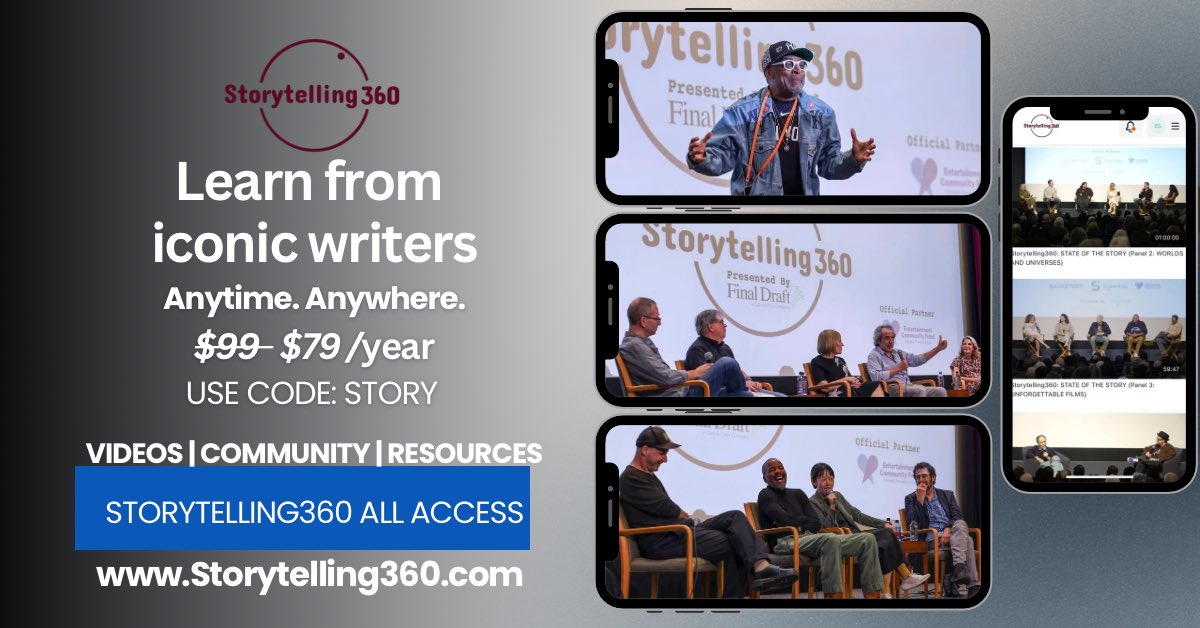 StoryTalks360's tweet image. Our speakers have a combined:
17 Academy Award Nominations
3 Academy Awards
1 Pulitzer Prize
1 Academy Lifetime Achievement
2 Writers Guild Lifetime Achievement
+Tony Awards, Emmy Awards & more!
Learn. Network. Get inspired!
Storytelling360.com/Community
#WritingCommunity #writing