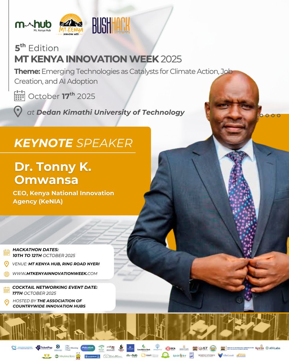 Meet Dr. Tonny K. Omwansa, PhD, CEO of the Kenya National Innovation Agency <a href="/KENIAupdates/">Kenya National Innovation Agency (KeNIA)</a>, joining us at Mt. Kenya Innovation Week 2025! 💡

🗓 October 17th, 2025

#MtKenyaInnovationWeek2025 #MtKenyaHub #InnovationRedefined