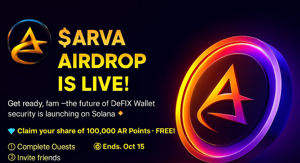 Ilon Moski (@ilonmoski) on Twitter photo $ARVA AIRDROP IS HERE! 📢
Get ready, fam — the future of the DEFI  is launching on Solana ⚡
💎 Claim your share of 100 000 AR POINTS — FREE!
How to Join:
1️⃣ Follow
2️⃣ Like ❤️ & Retweet 🔁 this post
3️⃣ Join the Airdrop arvadex.com
4️⃣ Paste your username ( from the $ARVA AIRDROP IS HERE! 📢
Get ready, fam — the future of the DEFI  is launching on Solana ⚡
💎 Claim your share of 100 000 AR POINTS — FREE!
How to Join:
1️⃣ Follow
2️⃣ Like ❤️ & Retweet 🔁 this post
3️⃣ Join the Airdrop arvadex.com
4️⃣ Paste your username ( from the