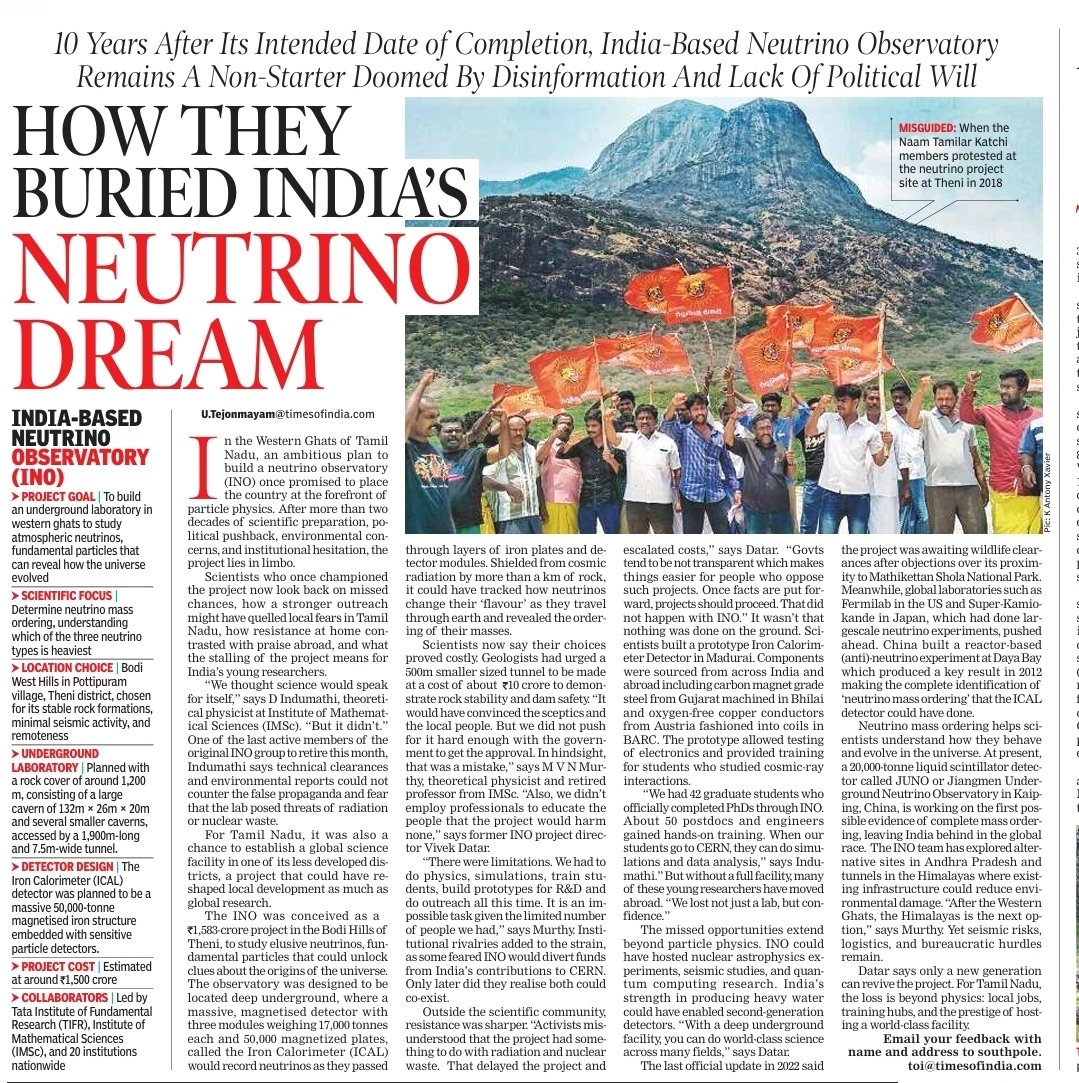 India’s neutrino dream, once set to place South India on the global science map, collapsed under poor outreach, disinformation, and lost political will. <a href="/PMOIndia/">PMO India</a> <a href="/DAEIndia/">DAE India</a>
<a href="/BARC_INDIA/">BhabhaAtomic</a> <a href="/TIFRScience/">Tata Institute of Fundamental Research</a> <a href="/IMScChennai/">The Institute of Mathematical Sciences</a> <a href="/CMOTamilnadu/">CMOTamilNadu</a> <a href="/iitmadras/">IIT Madras</a> <a href="/IIABengaluru/">IIAstrophysics</a> <a href="/iiscbangalore/">IISc Bangalore</a> <a href="/isro/">ISRO</a> <a href="/moefcc/">MoEF&CC</a>
