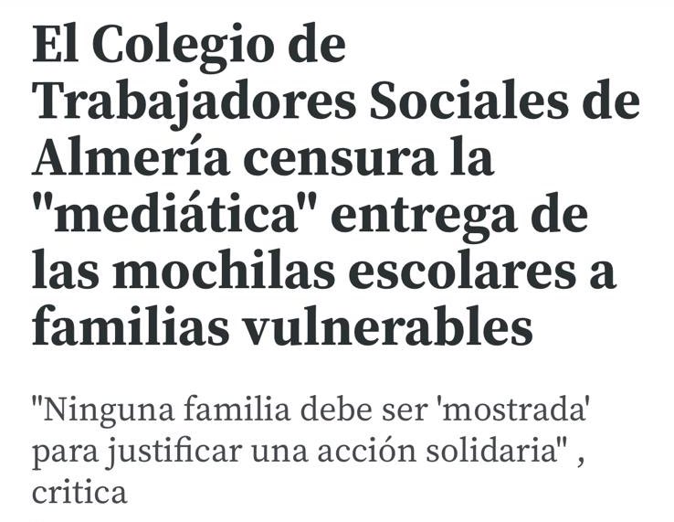 🤦🏻‍♂️ El afán de la alcaldesa de Almería por hacerse la foto por todo y ante todo ya empieza a ser indecente.

🎒 El Colegio de Trabajadores Sociales de Almería censura la "mediática" entrega de las mochilas escolares a familias vulnerables 👇

diariodealmeria.es/almeria/colegi…