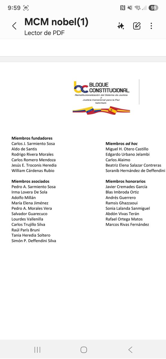 Comunicado del Bloque Constitucional de Venezuela, Capítulo de España, mostrando su júbilo por la justa concesión del Premio Nobel de la Paz y solicitando el apoyo de la comunidad internacional para la definitiva transición a la democracia y la defensa de la libertad y los DDHH.