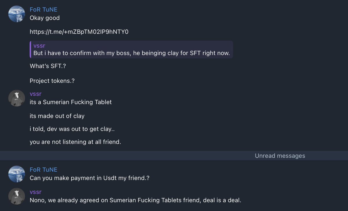 Yesterday one of our  members struck a deal on behalf of 𒀰𒁏 #1zAedkZ9BJ923  community with a whale insider. He accepted we pay in Sumerian F*cking Tablets and then disappeared, anyone know him? If anyone else wants to make any deals, hmu, we pay in SFTs!