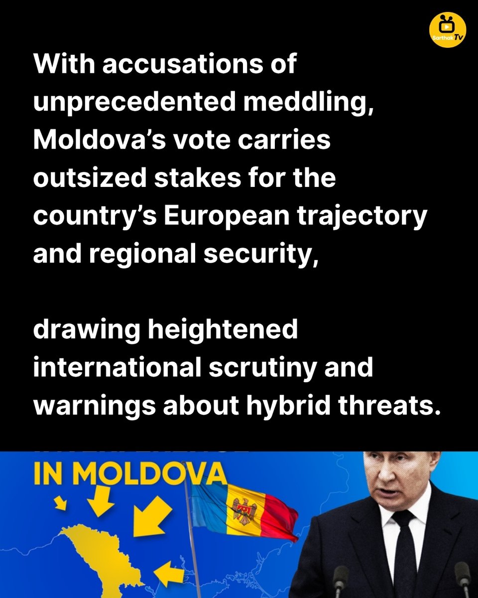 SarthakTv's tweet image. Moldova’s Election Under Russia’s Shadow

 As Moldova heads to the polls, global attention intensifies over Moscow’s suspected interference. 

#SarthakTV #MoldovaElection #GlobalPolitics #RussiaNews #WorldAffairs #Geopolitics