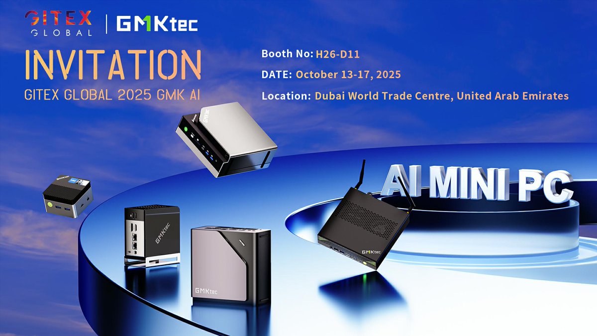 💼 Bags Packed, GMKtec EVO Series Ready — GITEX GLOBAL 2025 Tomorrow!

The countdown is almost over — tomorrow GITEX GLOBAL 2025 kicks off in Dubai! 🚀
GMKtec is all set to showcase the EVO X1, X2, and T1 — bringing desktop AI supercomputing power to the world stage 💻✨

📅