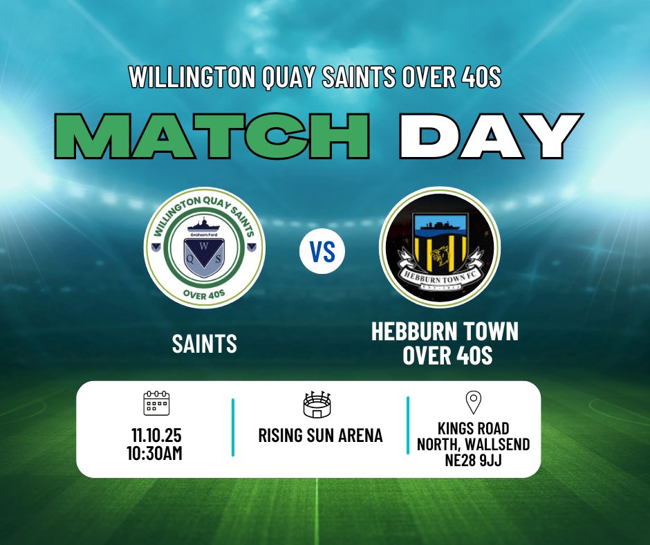 Match Day 11: 

A rare home game today as we host Hebburn at the Rising Sun. 3rd time we have played them this season and they're always good games. Looking to bounce back after a tricky run of fixtures. 

#UpTheSaints 
⚪🟢⚪🟢