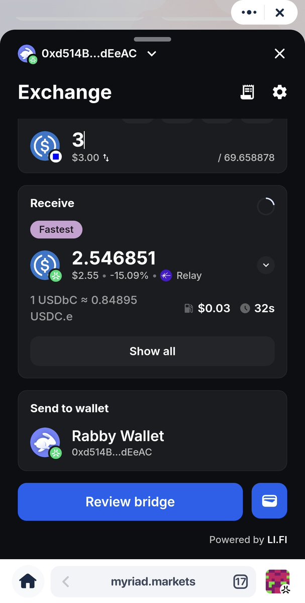 Mxrshxll_on_X's tweet image. Bought my first shares on @myriad_markets

So today I deposited around $3 USDbC which I bridged to abstract USDC and after deducing various Fees, was left with about $2.54 which is very much okay

I felt lucky as I had won a prediction event yesterday here…