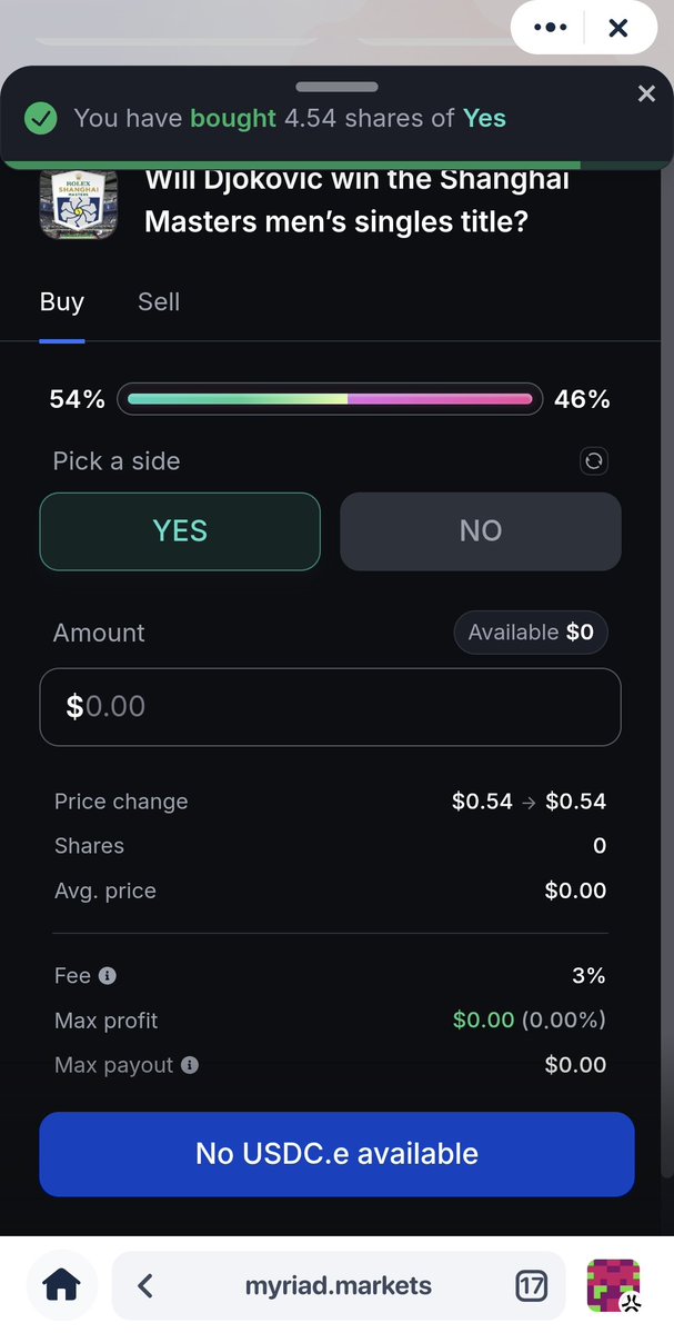 Mxrshxll_on_X's tweet image. Bought my first shares on @myriad_markets

So today I deposited around $3 USDbC which I bridged to abstract USDC and after deducing various Fees, was left with about $2.54 which is very much okay

I felt lucky as I had won a prediction event yesterday here…