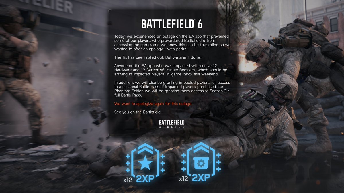 BattlefieldNET's tweet image. 🚨 EA App players will receive 12 Hardware and 12 60-minute Career Boosters via their in-game inbox this weekend due to the problems during the #Battlefield6 launch + full access to Season 2&apos;s full Battle Pass if they purchased the Phantom Edition.

#Battlefield | #BF2042 🔥