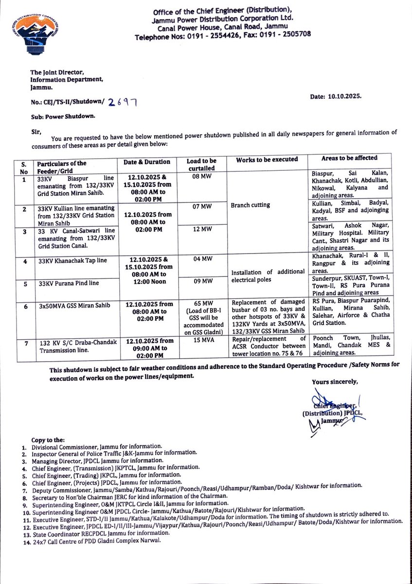 Jammu Power DISCOM (@jpdclofficial) on Twitter photo Power Shutdown Notice!
<a href="/CM_JnK/">Office of Chief Minister, J&K</a> <a href="/diprjk/">Information & PR, J&K</a> <a href="/infjammu/">Information & PR Jammu</a> <a href="/DDJammuChannel/">Doordarshan Jammu दूरदर्शन जम्मू</a> <a href="/ddnews_jammu/">DD NEWS JAMMU | डीडी न्यूज़ जम्मू</a> <a href="/radionews_jammu/">Akashvani News Jammu</a> <a href="/PublishThe/">The Publish</a> <a href="/DailyExcelsior1/">Daily Excelsior</a> <a href="/State_Times/">State Times</a> <a href="/JAMMULINKS/">JAMMU LINKS NEWS</a> <a href="/HimalayanMailJK/">Himalayan Mail</a> <a href="/CrossTownNews/">Cross Town News</a> <a href="/NewsNowJK/">The News Now</a> <a href="/NewspointjK/">newspointJ&K</a> <a href="/jknewstoday/">JK News Today</a> <a href="/JKPTCL2019/">JKPTCL Jammu</a> <a href="/ED3JPDCL/">Electric Division-III, JPDCL</a> <a href="/XENJPDCLEDII/">Executive Engineer Electric Division-II, JPDCL</a> <a href="/xenjpdclpoonch/">Xenjpdclpoonch</a> <a href="/ITJPDCL/">IT&C Division, JPDCL; J&K PDD, Jammu</a> Power Shutdown Notice!
<a href="/CM_JnK/">Office of Chief Minister, J&K</a> <a href="/diprjk/">Information & PR, J&K</a> <a href="/infjammu/">Information & PR Jammu</a> <a href="/DDJammuChannel/">Doordarshan Jammu दूरदर्शन जम्मू</a> <a href="/ddnews_jammu/">DD NEWS JAMMU | डीडी न्यूज़ जम्मू</a> <a href="/radionews_jammu/">Akashvani News Jammu</a> <a href="/PublishThe/">The Publish</a> <a href="/DailyExcelsior1/">Daily Excelsior</a> <a href="/State_Times/">State Times</a> <a href="/JAMMULINKS/">JAMMU LINKS NEWS</a> <a href="/HimalayanMailJK/">Himalayan Mail</a> <a href="/CrossTownNews/">Cross Town News</a> <a href="/NewsNowJK/">The News Now</a> <a href="/NewspointjK/">newspointJ&K</a> <a href="/jknewstoday/">JK News Today</a> <a href="/JKPTCL2019/">JKPTCL Jammu</a> <a href="/ED3JPDCL/">Electric Division-III, JPDCL</a> <a href="/XENJPDCLEDII/">Executive Engineer Electric Division-II, JPDCL</a> <a href="/xenjpdclpoonch/">Xenjpdclpoonch</a> <a href="/ITJPDCL/">IT&C Division, JPDCL; J&K PDD, Jammu</a>