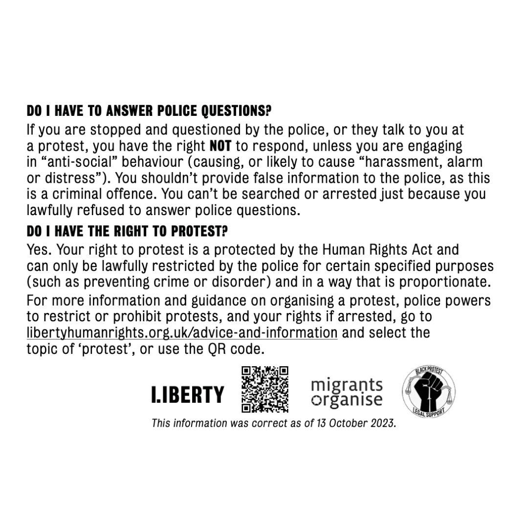 libertyhq's tweet image. If you're protesting this weekend, it's vital you know your rights
Save these bust cards, share with others, write phone numbers on your arm, look for legal observers if you need assistance and remember to say "no comment" without a lawyer
Keep yourselves and each other safe