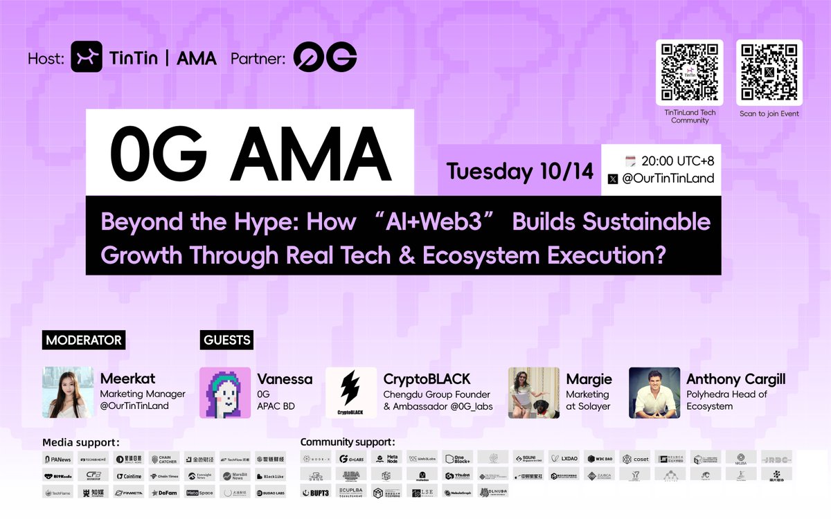 🎙️ [Ask a Question and Share a 100U Prize Pool💰] The "<a href="/0G_labs/">0G Labs (Home of Infinite AI)</a> x <a href="/OurTinTinLand/">TinTinLand</a>" AMA is starting soon!

1️⃣ Follow <a href="/OurTinTinLand/">TinTinLand</a> + <a href="/TinTinLand_ZH/">TinTinLand 中文</a> + <a href="/0G_labs/">0G Labs (Home of Infinite AI)</a>
2️⃣ Retweet/Repost this tweet
3️⃣ Comment on your questions for <a href="/0G_labs/">0G Labs (Home of Infinite AI)</a> under this pinned AMA preview tweet
4️⃣ Two or three