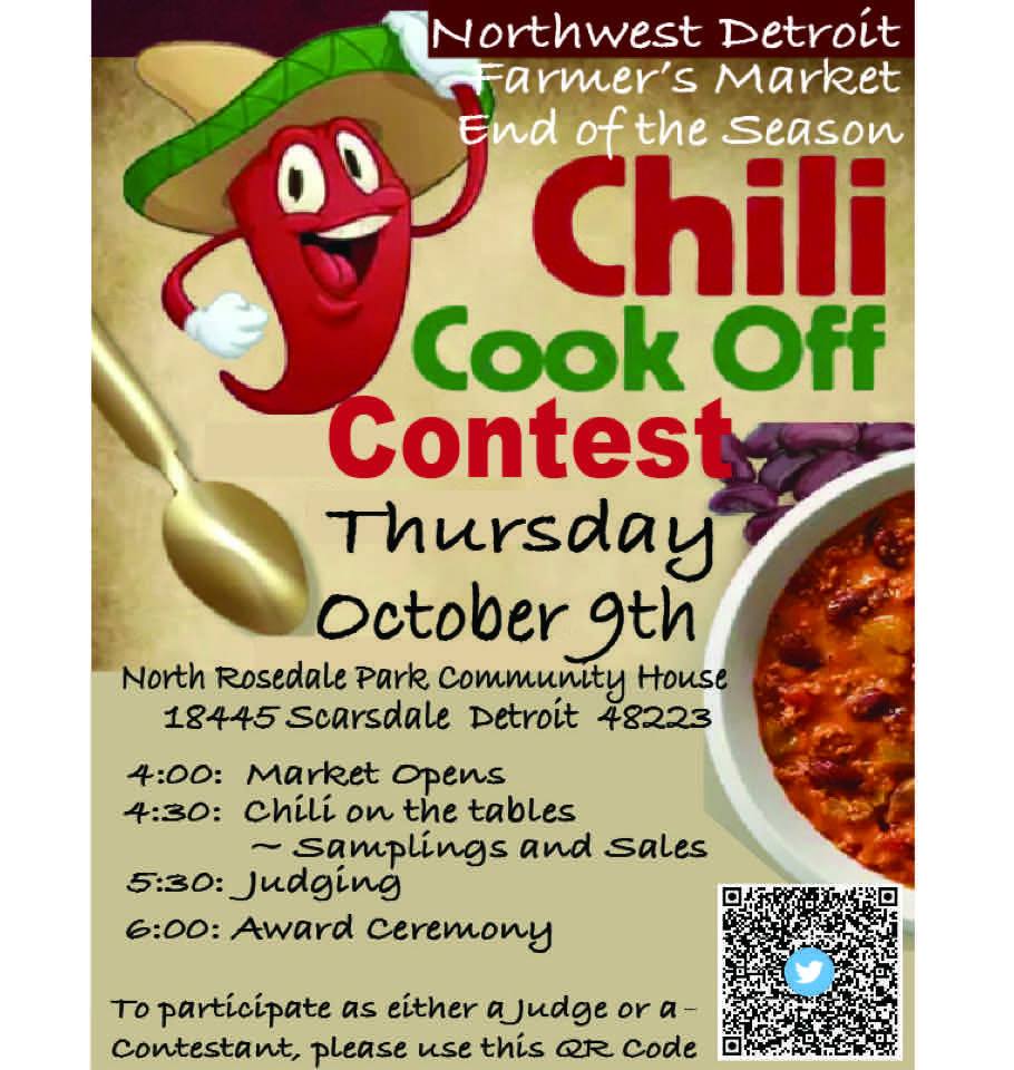 StateRepSteph's tweet image. The NW Detroit Farmers Market invites you to their Chili Cook-Off Thur.,Oct. 9th! Come out to taste a variety of chili, cast your vote & help crown this year’s chili champion. If you’d like to participate as a contestant or serve a judge, contact educkett@grandmontrosedale.com