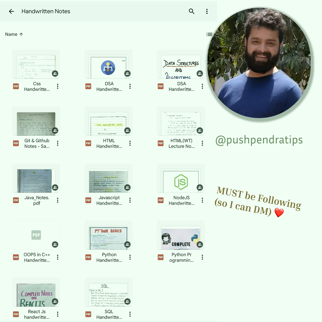 🚀 All Programming Handwritten Colourful Notes – FREE! 🔥

You’ll Get 👇
🟢 HTML
🟢 CSS
🟢 Git
🟢 SQL
🟢 DSA
🟢 Java
🟢 DBMS
🟢 Python
🟢 Node.js
🟢 React.js
🟢 JavaScript
🟢 OOPs in C++
🟢 HR Interview
🟢 Machine Learning
🟢 Cloud Computing
🟢 Computer Networks

✨ To grab them