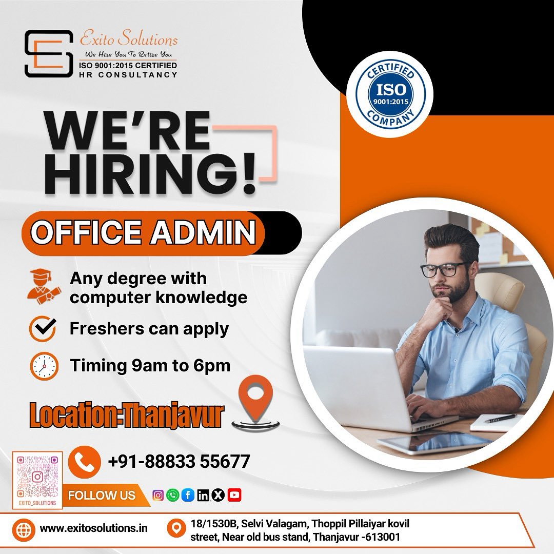 exitoashwin's tweet image. HIRING OFFICE ADMIN
CALL 8883355677

#exitosolutions #officeadministration #thanjavur