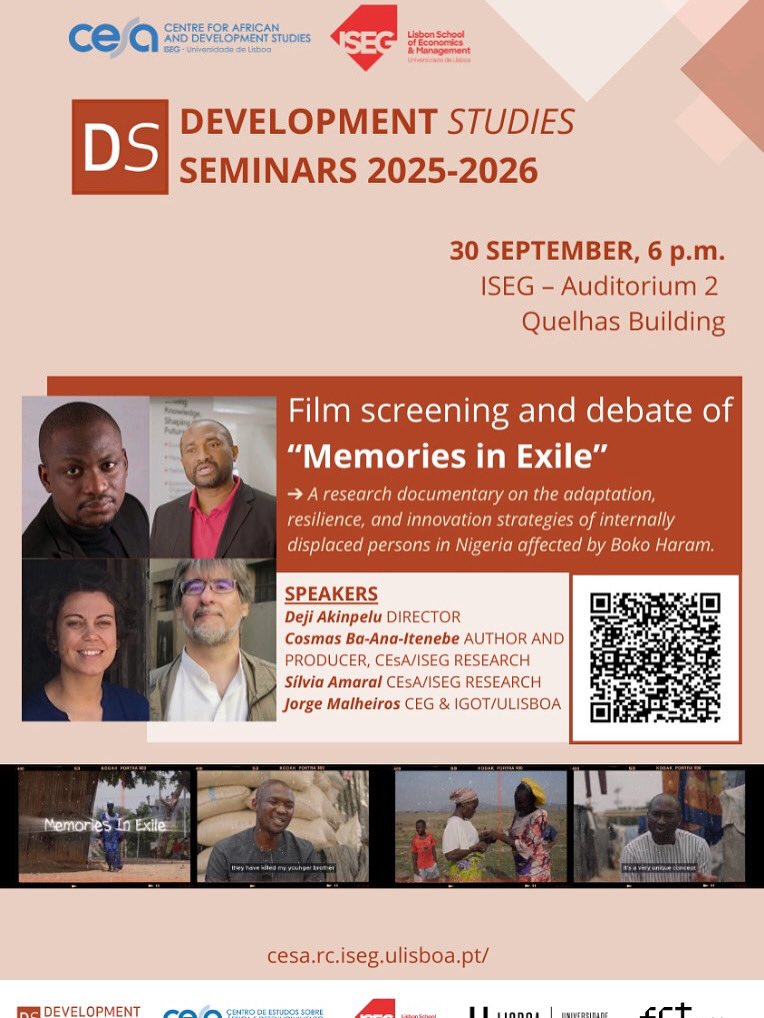 RethinkingCI's tweet image. Watch with us online tomorrow!

On Sept 30, join the screening + debate of Memories in Exile: A documentary on resilience &amp;amp; displacement in Nigeria.

🕕 6PM WAT

Scan the QR code or DM us for the link.

#MemoriesInExile #DevelopmentStudies #RethinkingCities #ISEGLisboa