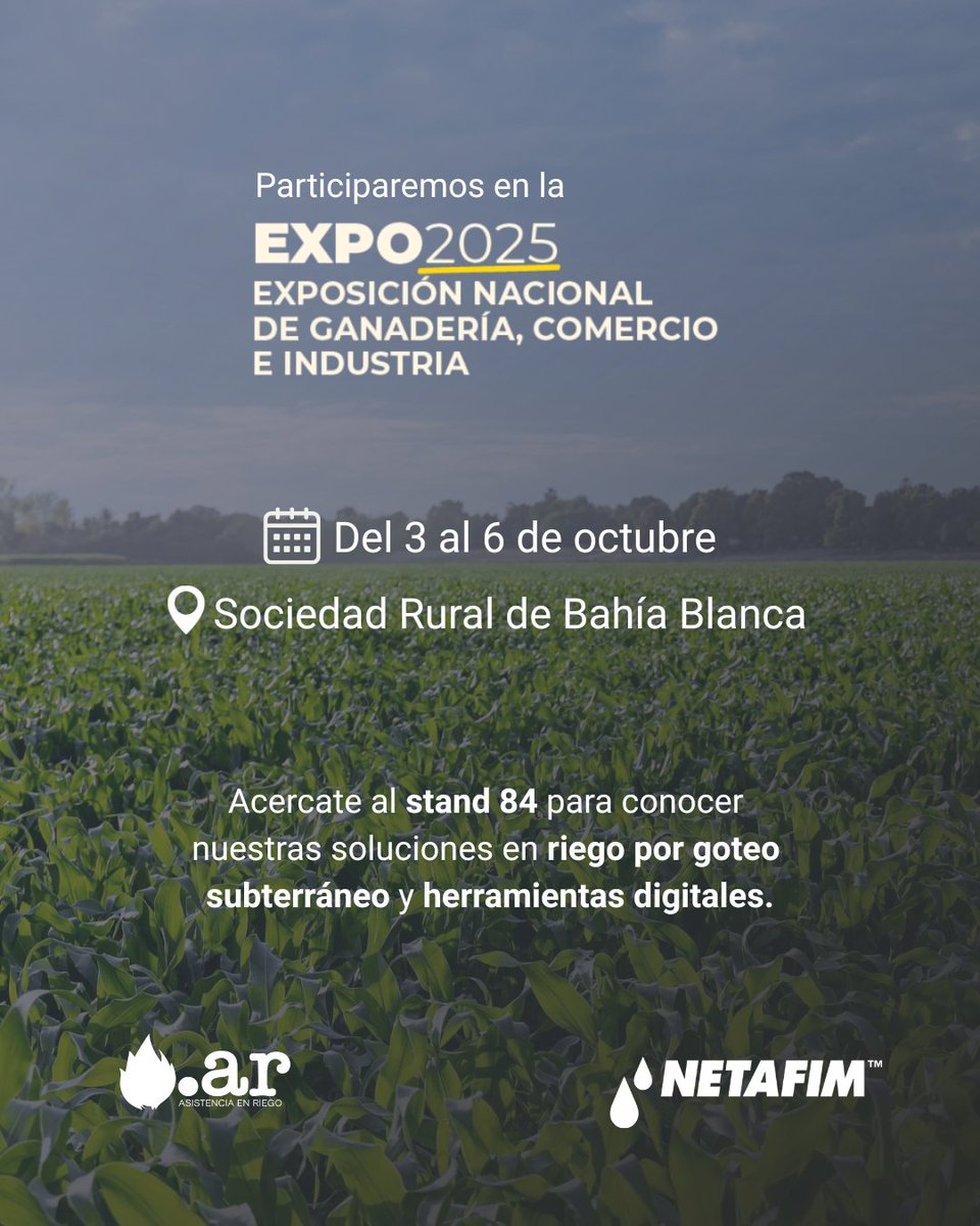 Del 3 al 6 de octubre estaremos junto a nuestro distribuidor Punto AR en la 141° Exposición Nacional de Ganadería, Comercio e Industria en Villa Bordeu, Bahía Blanca. 💧

👉 Visitá el stand 84 y conocé cómo acompañamos a los productores en el desafío de producir más con menos.🌱