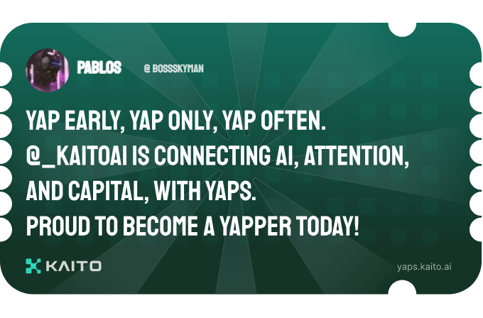 BossSkyman's tweet photo. Yap early, yap only, yap often.

@KaitoAI is connecting AI, attention and capital with Yaps.

Just claimed my social card and I'm accumulating Yap points in real-time.

Claim yours 👉 https://t.co/mWbIc7fCGW https://t.co/Z3Au4lgSts