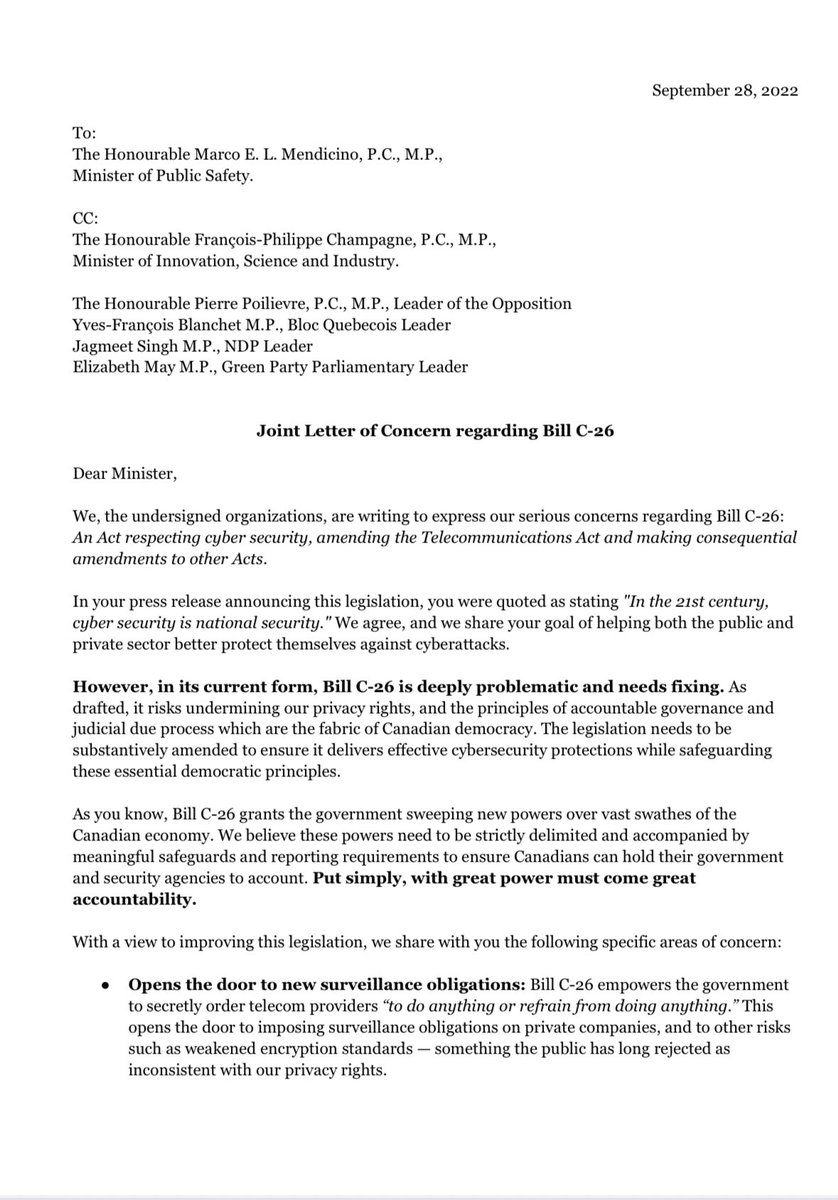 strauss_matt's tweet photo. If you have not yet read the joint letter denouncing bill C8 (formerly Bill C26), I urge you to do so now!

It is signed by several civil society groups representing dozens of expert lawyers.

Bill C8:

Terminates Essential Services
Undermines privacy
Lacks guardrails to prevent abuse
Has no justification