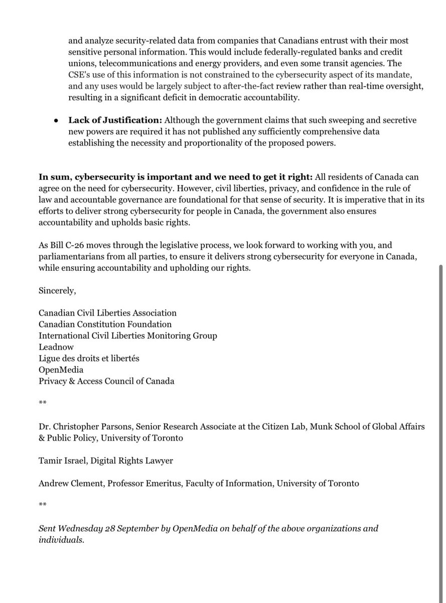 If you have not yet read the joint letter denouncing bill C8 (formerly Bill C26), I urge you to do so now!

It is signed by several civil society groups representing dozens of expert lawyers.

Bill C8:

Terminates Essential Services
Undermines privacy
Lacks guardrails to prevent