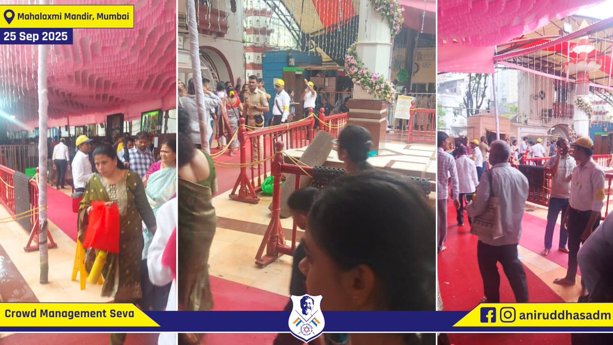 aniruddhasadm's tweet photo. Day 4 of #Navratri2025 at Mahalaxmi Mandir, Mumbai saw 74 #DMVs from Aniruddha's Academy of Disaster Management serve with devotion across 2 shifts, ensuring disciplined crowd management and upholding the spirit of seva. #AADM https://t.co/F93U26J4dD