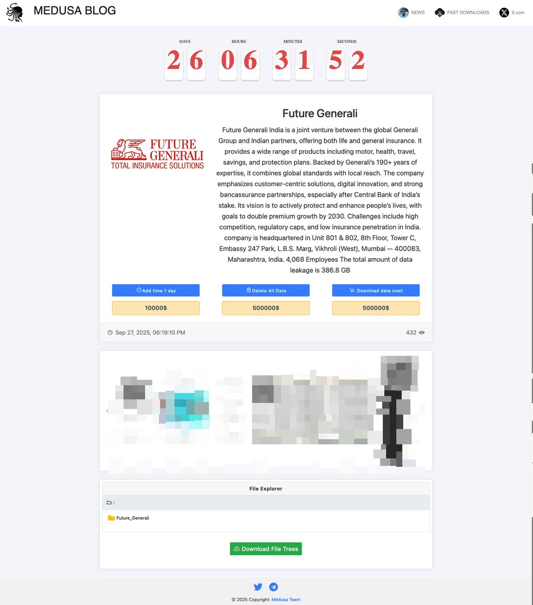 _venarixES_'s tweet image. El grupo #Medusa #ransomware habría #hackeado a Generali Central Insurance 🇮🇳 (@GeneraliCentral), es subsidiaria de Assicurazioni Generali S.p.A. 🇮🇹(@GENERALI). 
Es un proveedor de seguros generales con sede en #Mumbai, #India 🇮🇳
#OTCMKTS $ARZGY #BIT $G 
@centralbank_in 
Más ℹ️…