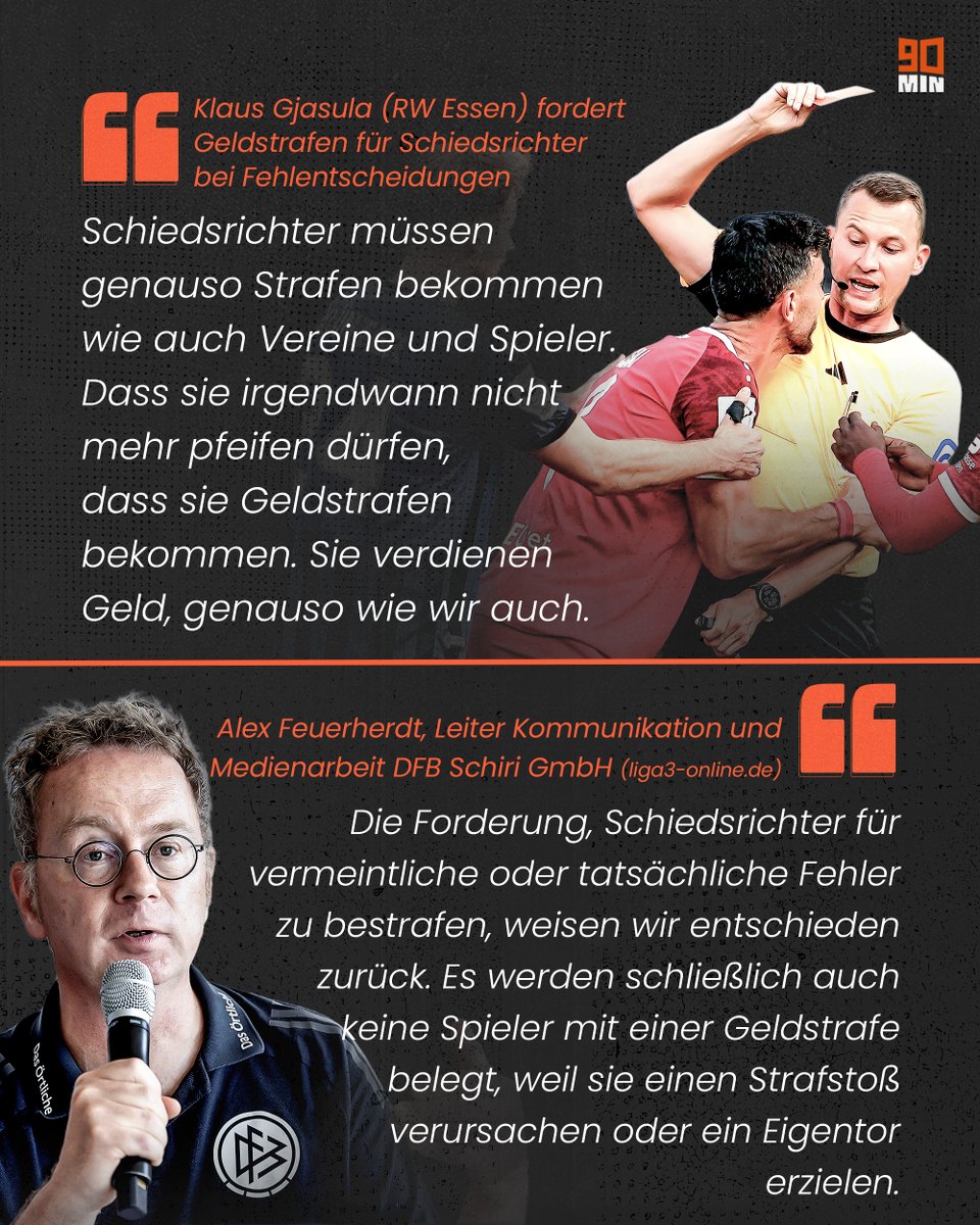Welcher Argumentation könnt ihr eher folgen? 🤔

💰 Der von Essens Klaus Gjasula, der für Schiedsrichter-Fehler (Geld-)Strafen fordert
❌ Der von Alex Feuerherdt als Sprachrohr der DFB-Schiedsrichter