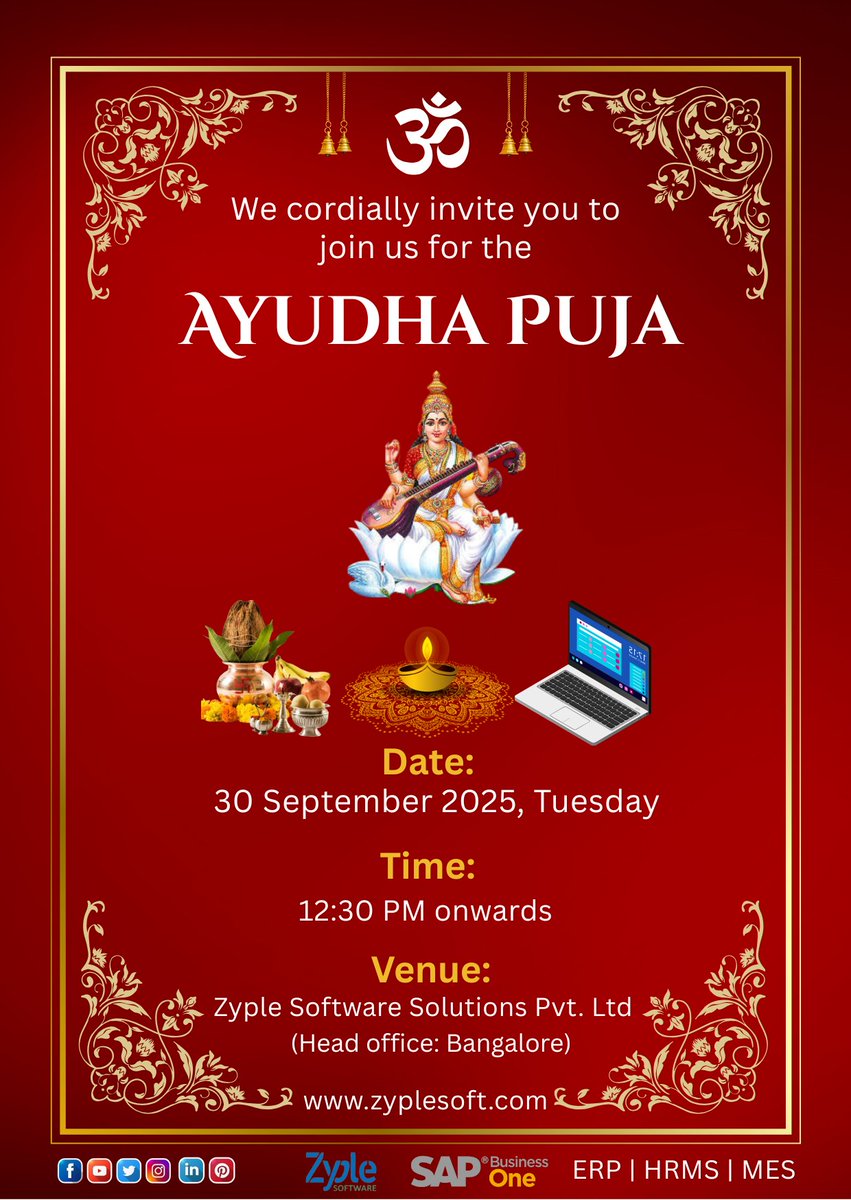 zyplesoftware's tweet image. Ayudha Puja Invitation- by Zyple Software
  Date: Tuesday, 30th September 2025
📍 Venue: Zyple Software – Head Office, Bangalore
🕘 Time: 12:30 PM onwards

@zyplesoftware 
#AyudhaPuja #ZypleSoftware #OfficeCelebration #TraditionAndTechnology #BangaloreEvents #FestiveSeason