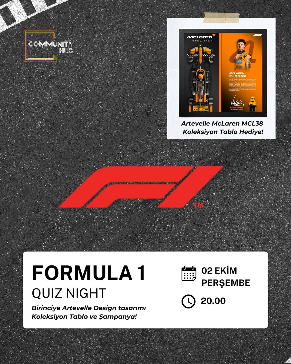 Formula 1 bilgine güveniyorsan bu etkinlik tam sana göre!

Formula 1 Quiz Night 2 Ekim Perşembe günü Community Hub Alt Kat'ta!
1.'ye Artevelle Design tasarımı McLaren MCL38 Koleksiyon Tablo hediye!
Biletler: bubilet.com.tr/istanbul/etkin… 
#Formula1