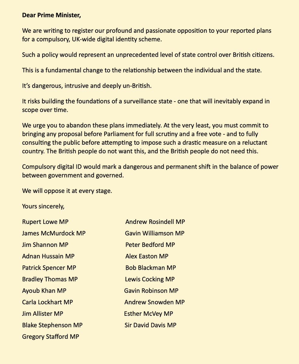 Rupert Lowe MP (@rupertlowe10) on Twitter photo Sir David Davis (<a href="/DavidDavisMP/">David Davis MP</a>) has agreed to sign our cross-party letter opposing Digital ID - a campaigner with a long-standing and successful record on this issue.
Along with two other additional Conservative MPs, <a href="/Blake_MidBeds/">Blake Stephenson MP</a> and <a href="/GregoryStafford/">Gregory Stafford MP</a>.
Momentum is building. Sir David Davis (<a href="/DavidDavisMP/">David Davis MP</a>) has agreed to sign our cross-party letter opposing Digital ID - a campaigner with a long-standing and successful record on this issue.
Along with two other additional Conservative MPs, <a href="/Blake_MidBeds/">Blake Stephenson MP</a> and <a href="/GregoryStafford/">Gregory Stafford MP</a>.
Momentum is building.