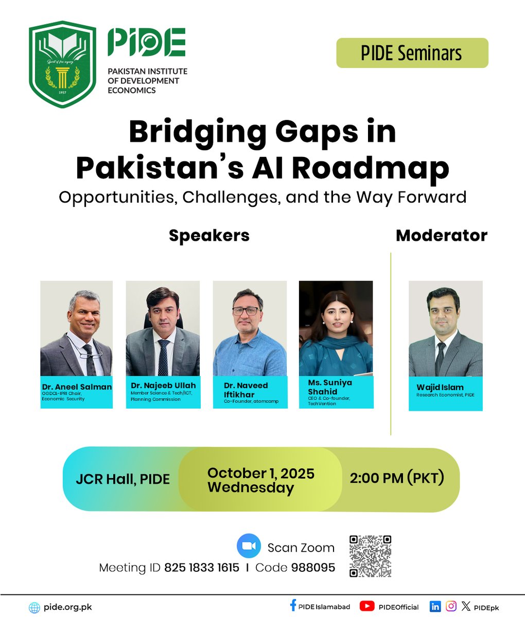 PIDEpk's tweet image. 𝐏𝐈𝐃𝐄 𝐒𝐞𝐦𝐢𝐧𝐚𝐫
𝐁𝐫𝐢𝐝𝐠𝐢𝐧𝐠 𝐆𝐚𝐩𝐬 𝐢𝐧 𝐏𝐚𝐤𝐢𝐬𝐭𝐚𝐧’𝐬 𝐀𝐈 𝐑𝐨𝐚𝐝𝐦𝐚𝐩: 𝐎𝐩𝐩𝐨𝐫𝐭𝐮𝐧𝐢𝐭𝐢𝐞𝐬, 𝐂𝐡𝐚𝐥𝐥𝐞𝐧𝐠𝐞𝐬, 𝐚𝐧𝐝 𝐭𝐡𝐞 𝐖𝐚𝐲 𝐅𝐨𝐫𝐰𝐚𝐫𝐝
Discover how AI can drive Pakistan’s growth by addressing opportunities, overcoming policy…