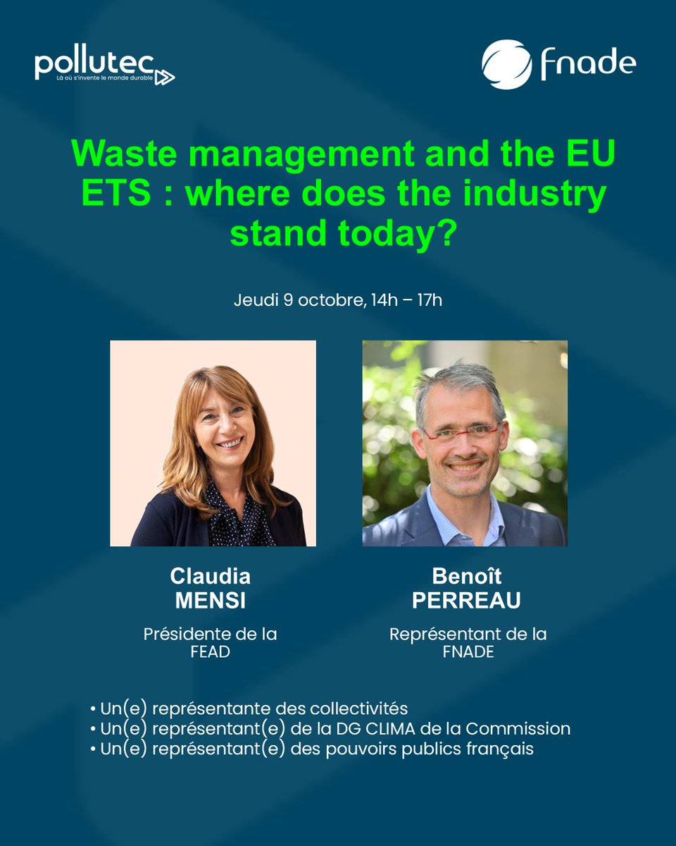 #polluteclyon2025 La FNADE et la FEAD - European Waste Management Association, ont le plaisir de vous convier à une demi-journée d’échanges sur "Waste management and the EU ETS : where does the industry stand today?"

 RDV le jeudi 9 octobre de 14h à 17h au 1er étage d'Eurexpo.