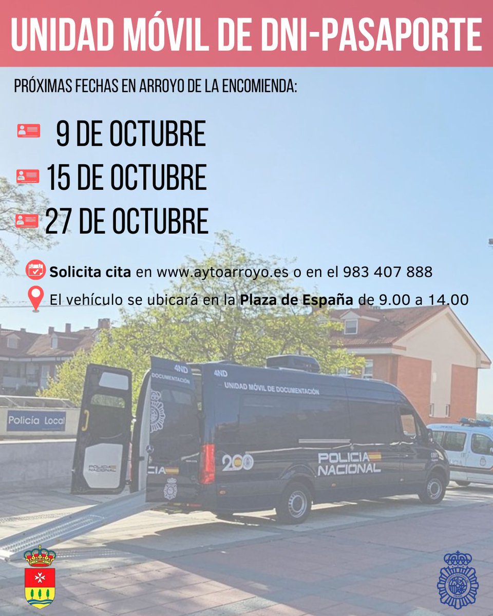 🪪 La 𝐔𝐧𝐢𝐝𝐚𝐝 𝐌𝐨𝐯𝐢𝐥 𝐝𝐞 𝐃𝐍𝐈 de la Policía vuelve a Arroyo. Apunta las próximas fechas para obtener o renovar el DNI y el pasaporte

🗓️ 9 de octubre
🗓️ 15 de octubre
🗓️ 27 de octubre

🕘 Pide cita en el teléfono municipal (983 407 888) o en 👉🏻 bit.ly/citapreviaDNIa…