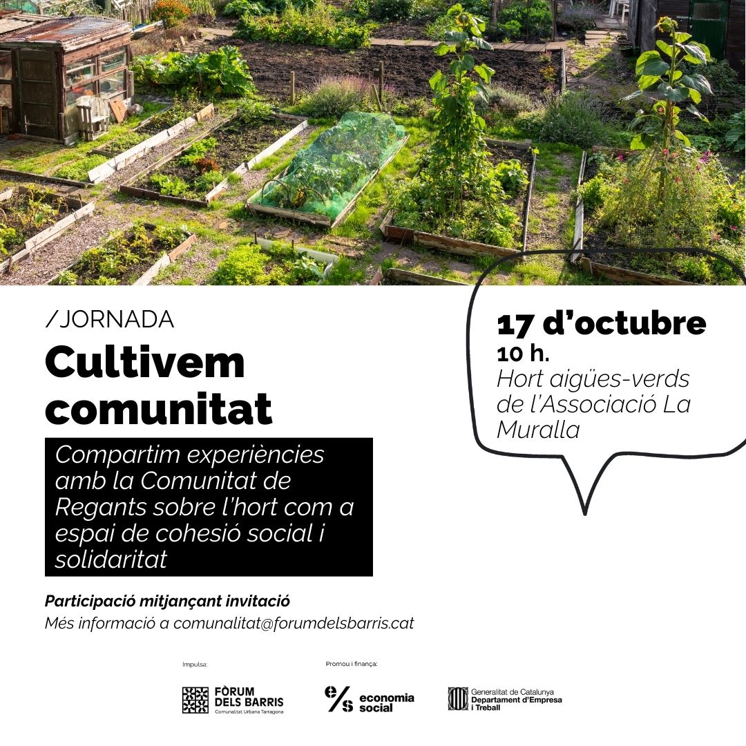 🌿El proper divendres 17 d'octubre ens trobarem a l'hort aigües-verds de <a href="/cslamuralla/">CLUB SOCIAL LA MURALLA</a> per a compartir experiències amb la Comunitat de Regants de les hortes de Tarragona. 

Més info 👉comunalitat@forumdelsbarris.cat 

#horts #salutmental #salut #comunitas
