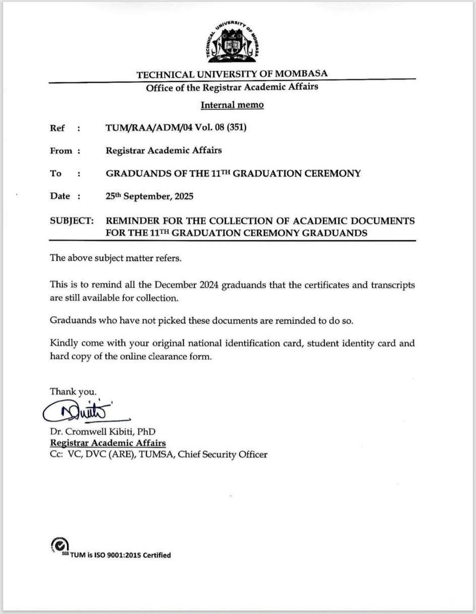 Reminder to 2024 Graduands:

Certificates and transcripts for the 11th graduation ceremony in December 2024 are ready for collection. Please bring your original national ID, student ID, and a hard copy of the online clearance form.