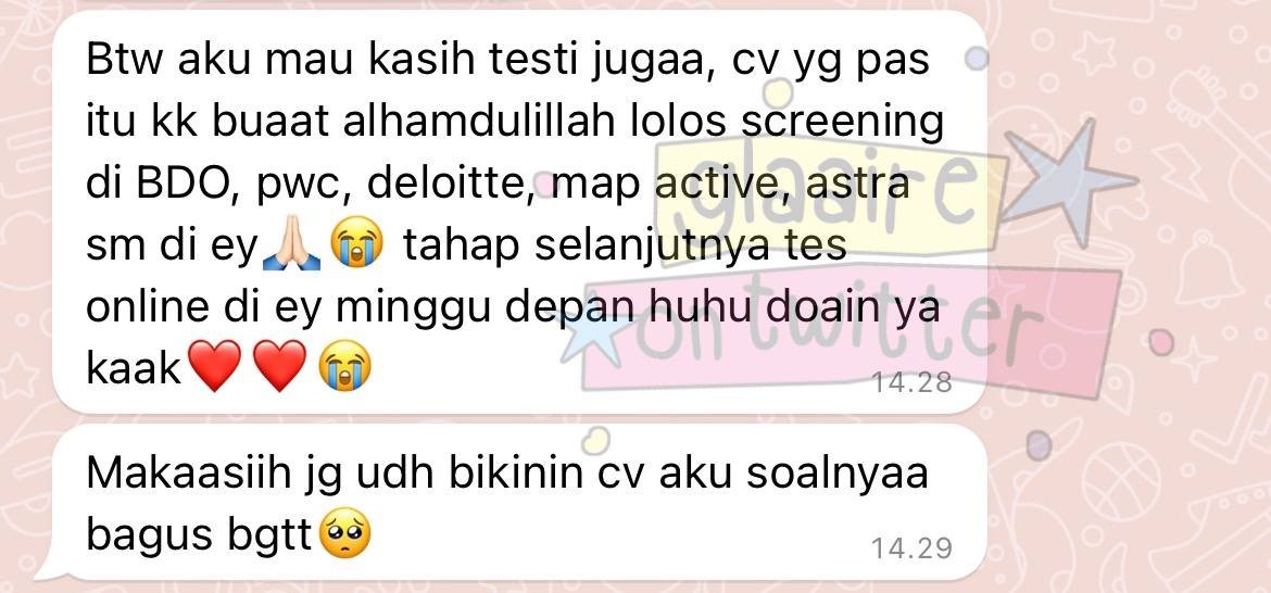 tmesday's tweet photo. lolos BDO, pwc, delotte, map active, astra, dan ey! ada yang tiap hari interview, tembus kemana2, dan keterima di banyak tempat!

t. jasa joki cv ats https://t.co/IknDQUCoCI