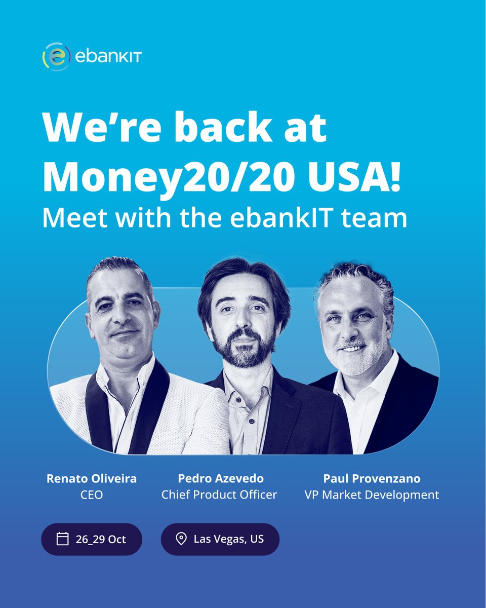 ebankIT (@e_bank_it) on Twitter photo Heading to Las Vegas for <a href="/money2020/">Money20/20</a> USA?
Make sure you connect with our team to find out how ebankIT can help your financial institution with personalized and innovative digital banking solutions.
See you at Money20/20!
#money2020usa #money2020 #bankingindustry Heading to Las Vegas for <a href="/money2020/">Money20/20</a> USA?
Make sure you connect with our team to find out how ebankIT can help your financial institution with personalized and innovative digital banking solutions.
See you at Money20/20!
#money2020usa #money2020 #bankingindustry