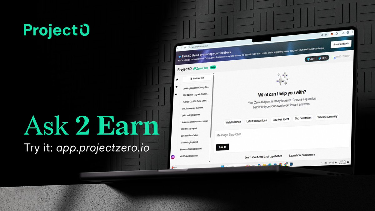 ProjectZeroIO's tweet image. 1/5: Zero Chat Relaunch: Ask to Earn is Live! 🎉🚀  

We&apos;re back and better—Zero Chat&apos;s maintenance is done and Ask to Earn is here! Perfect for Web3 users: 

Ask any question about blockchain &amp;amp; earn Gems instantly. Let&apos;s celebrate with easy learning &amp;amp; rewards. 

Thread 👇…