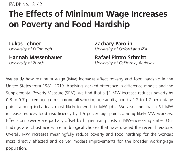 Zach Parolin (@zparolin) on Twitter photo New WP: We study how minimum wage increases affect poverty and food hardship in the U.S from 1981-2019. Different from recent work, we study the Supplemental Poverty Measure + two measures of food hardship, factor in cost-of-living differences, and more. iza.org/publications/d… New WP: We study how minimum wage increases affect poverty and food hardship in the U.S from 1981-2019. Different from recent work, we study the Supplemental Poverty Measure + two measures of food hardship, factor in cost-of-living differences, and more. iza.org/publications/d…